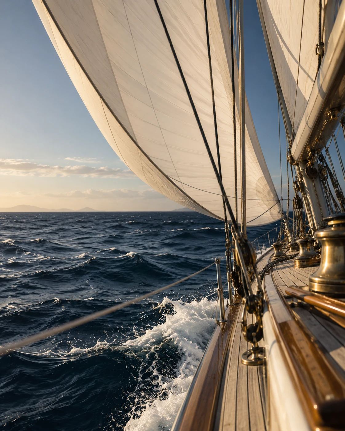 Ivory sails catching the wind above deep blue water